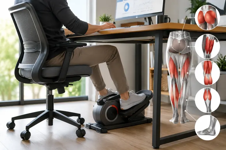 Leg muscles an under desk elliptical works while a person pedals seated at a desk